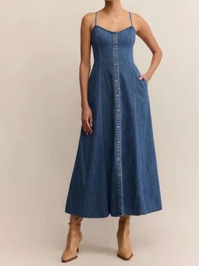 Z Supply Angel Eyes Denim Midi Dress in Medium Indigo Size Large NWT